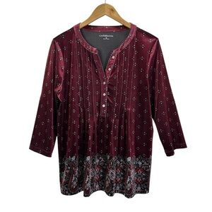 Croft & Barrow Women's Velour Velvet Paisley Printed Henley Style Tunic Top